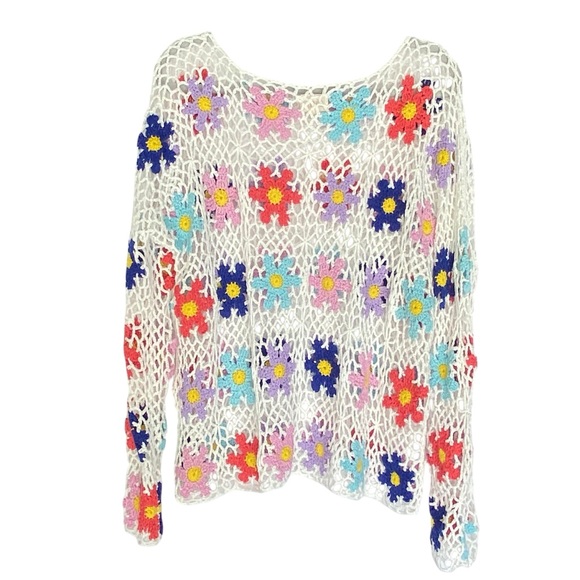 BiBi Crochet Floral Knit Long Sleeve Sweater Top Womens Size Medium Boho - Picture 2 of 8